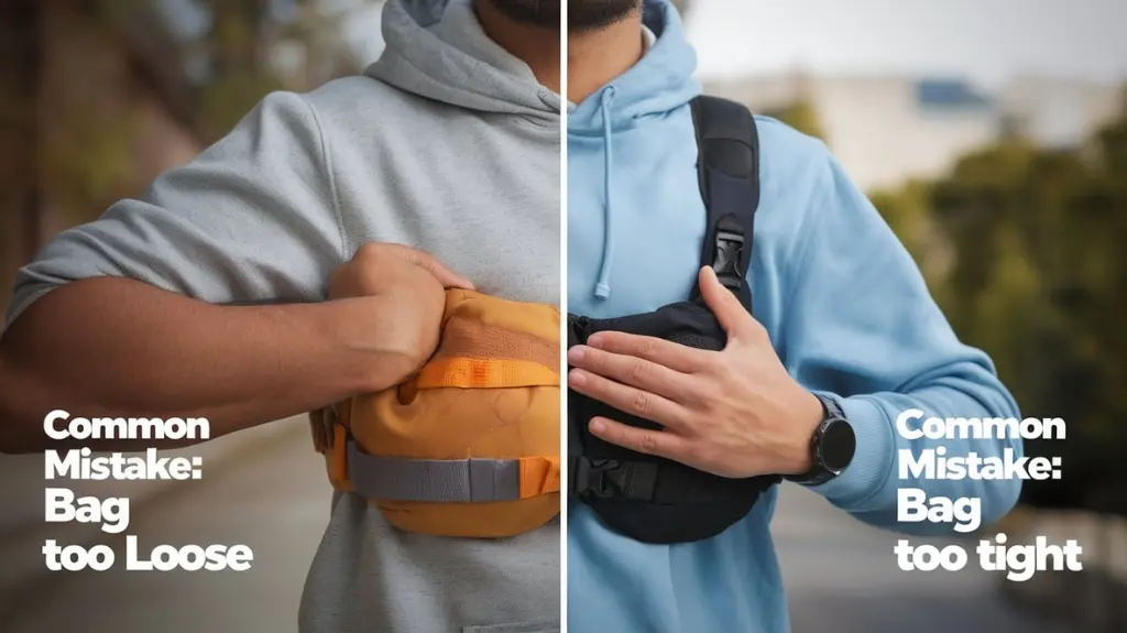 Comparison of common mistakes with chest bags, highlighting proper fit versus improper fit.