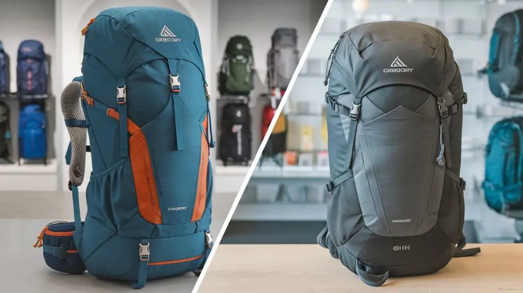 Split image comparing Gregory backpacks with other brands, highlighting differences in features and design.