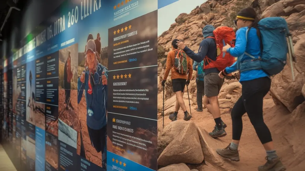 Customer reviews and ratings for X Ultra 360 Climasalomon shoes, with hikers in the background