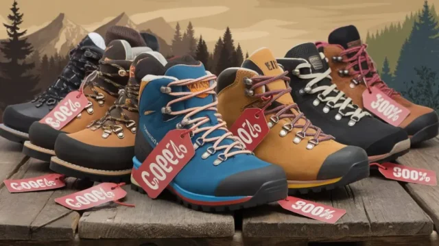 Graphic showcasing hiking boots with discount tags against outdoor adventure scenes, emphasizing great deals.