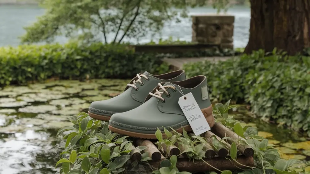 Eco-friendly waterproof shoes displayed in nature, emphasizing sustainability and environmental considerations in footwear.