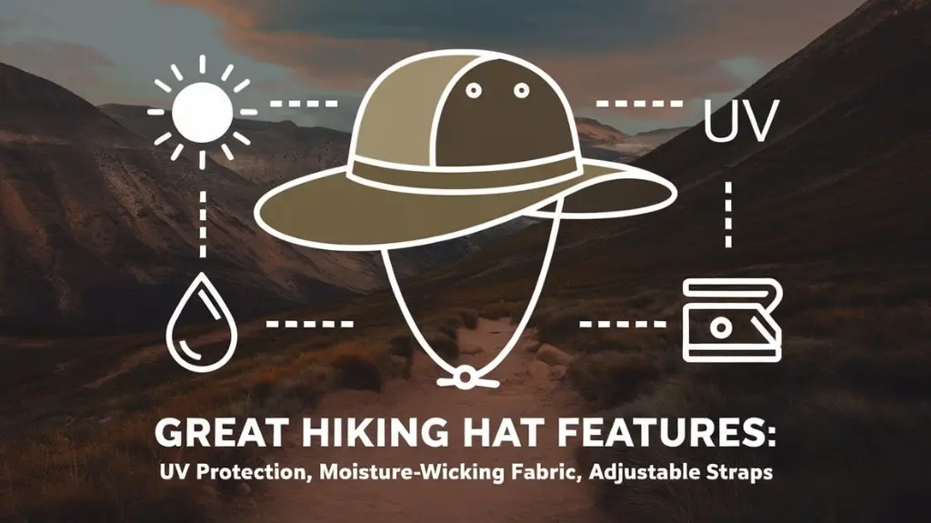 An infographic detailing essential features of a great hiking hat, including UV protection and moisture-wicking fabric.