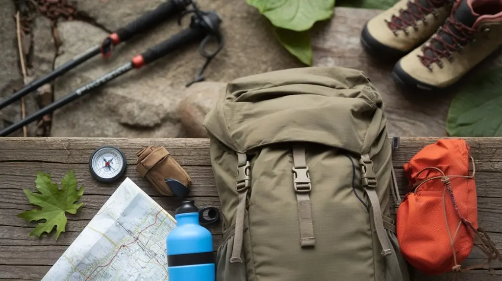 Flat lay of essential hiking gear, including a backpack, water bottle, and first aid kit on a wooden surface.