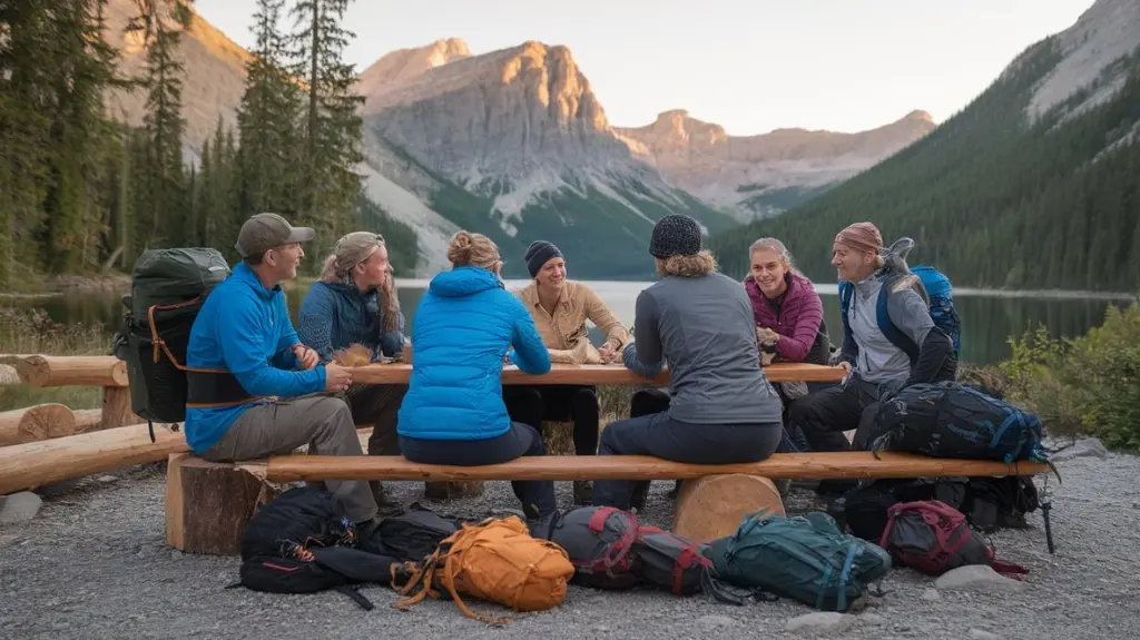 Group of experienced hikers sharing tips about hiking packs in a scenic outdoor setting.