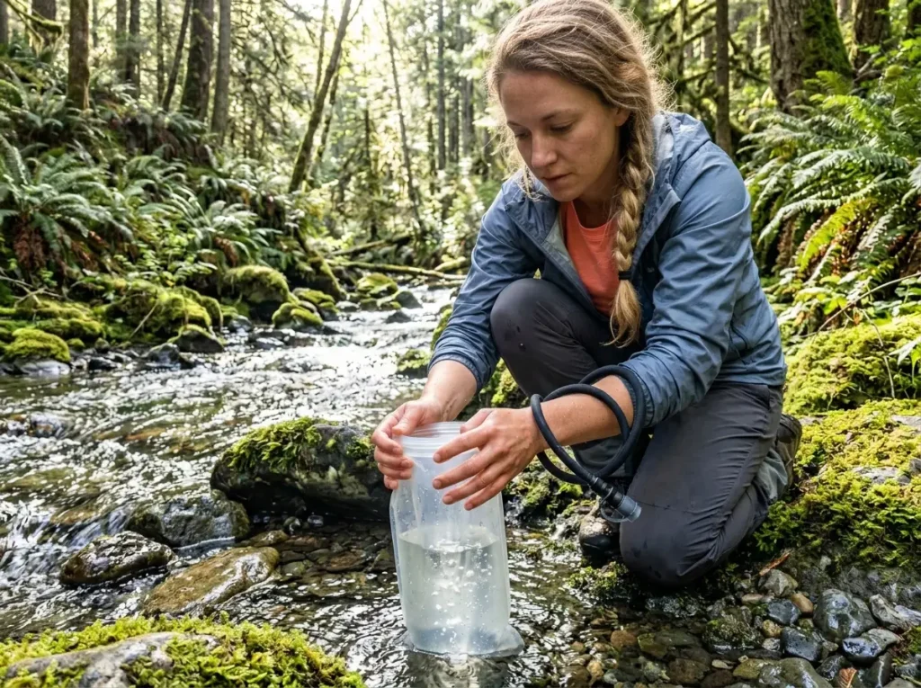 Hiker filling a hydration bladder reservoir from a backcountry stream on the trail