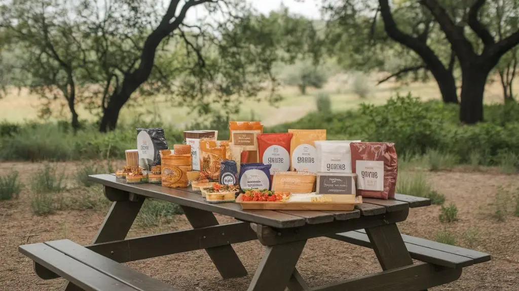 Display of Good To-Go products on a picnic table in nature, showcasing the brand's hiking food options.