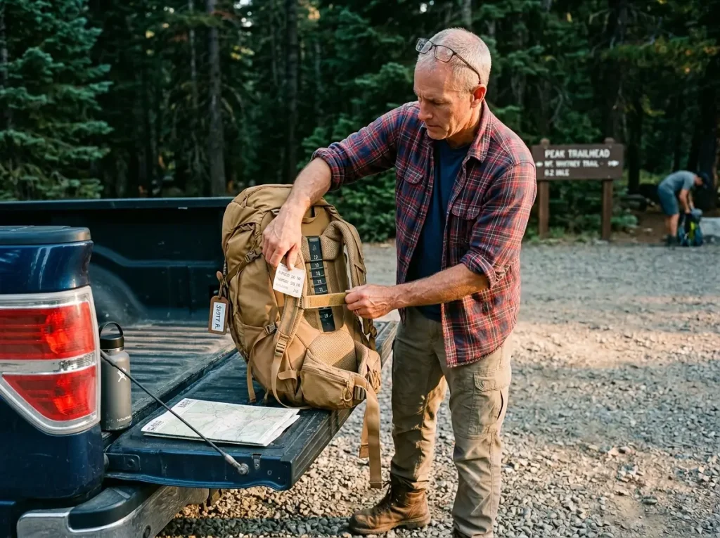 Hiker adjusting the torso length on a Gregory backpack before setting out on a hike