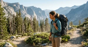 Best Gregory Backpacks for Every Type of Hike 2026 Hiker pausing at a trail junction wearing a Gregory backpack on a mountain morning
