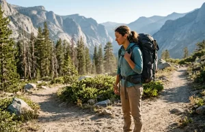 Best Gregory Backpacks for Every Type of Hike 2026 Hiker pausing at a trail junction wearing a Gregory backpack on a mountain morning