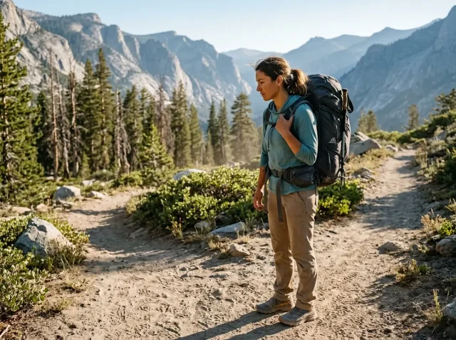 gregory-backpacks-trail-choice Hiker pausing at a trail junction wearing a Gregory backpack on a mountain morning