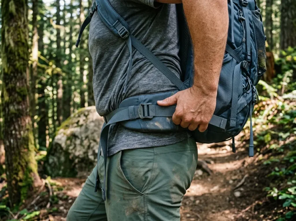 Close-up of a loaded Gregory Baltoro hip belt transferring pack weight onto a hiker's hips