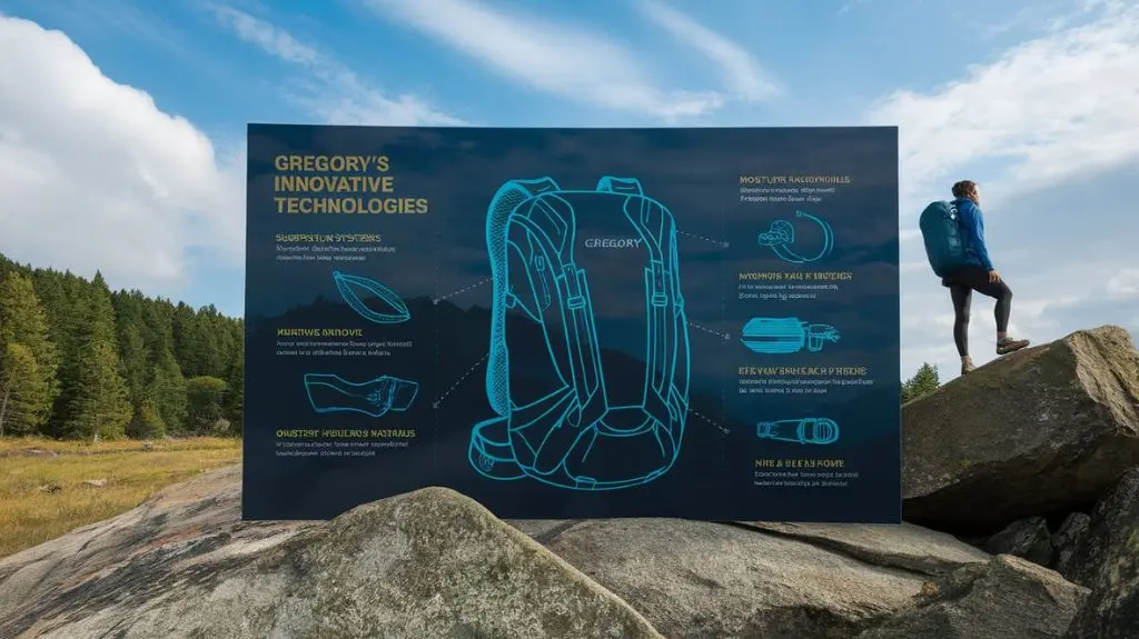 Infographic showcasing Gregory's innovative technologies, including suspension systems and moisture-wicking materials.