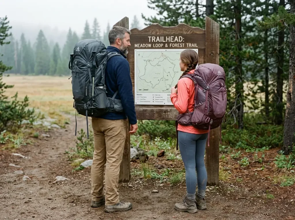 A man and a woman at a trailhead wearing paired men's and women's Gregory backpacks