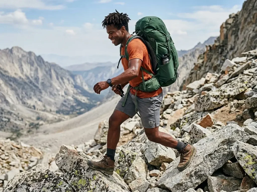 Hiker twisting over rocky terrain showing a Gregory pack's suspension flexing with the stride