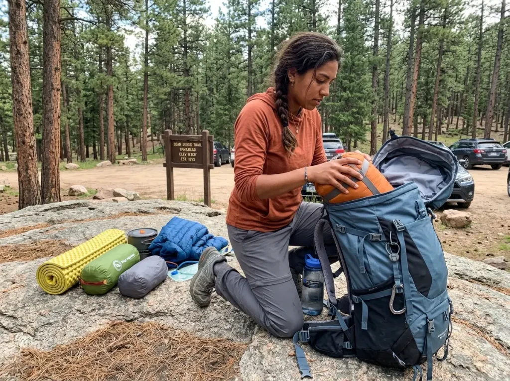 Backpacking gear laid out beside a pack at a trailhead to gauge how much capacity is needed