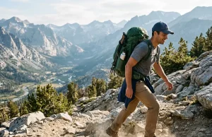 How to Pick a Hiking Backpack That Actually Fits Hiker on an alpine trail wearing a loaded hiking backpack with a properly set hip belt
