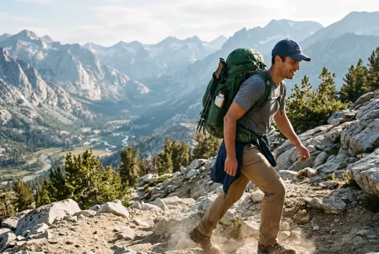 How to Pick a Hiking Backpack That Actually Fits Hiker on an alpine trail wearing a loaded hiking backpack with a properly set hip belt