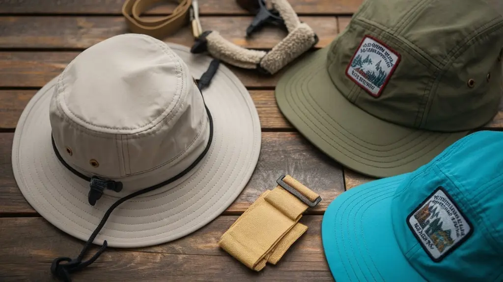 A flat lay of hiking hat accessories including chin straps and sweatbands, showcasing add-ons for enhanced functionality.