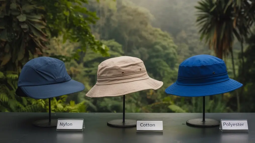 A display of different hiking hat materials such as nylon and cotton, highlighting their benefits for outdoor use.