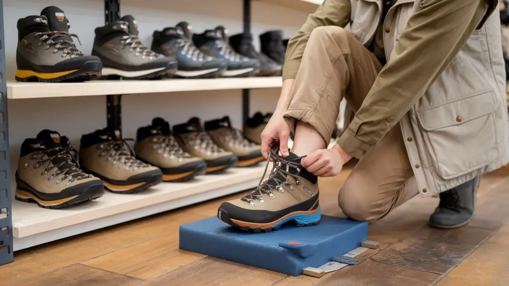 Person measuring their foot and trying on water-resistant hiking boots to find the right fit.