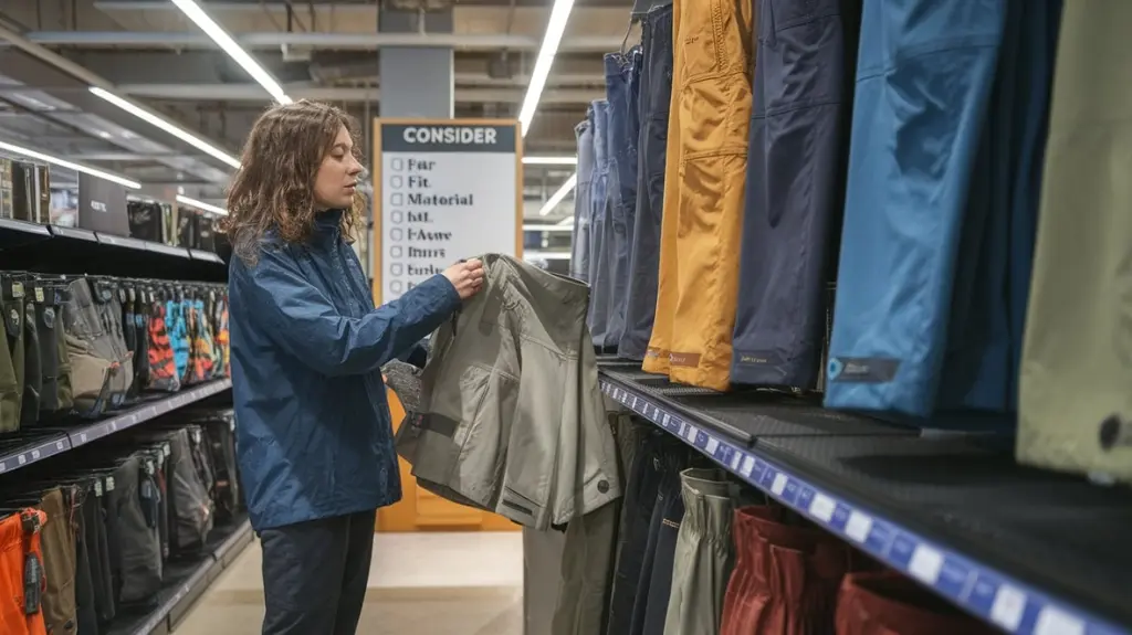 Person comparing weatherproof pants in a store, with a checklist of factors to consider.