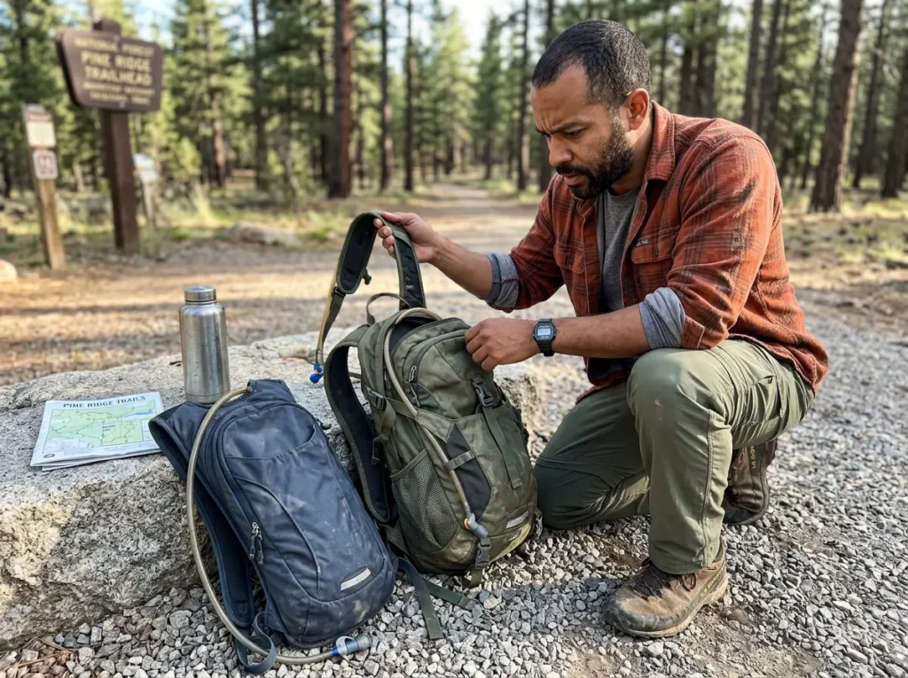 Two hydration daypacks laid on a granite slab at a trailhead for a hiking pack comparison