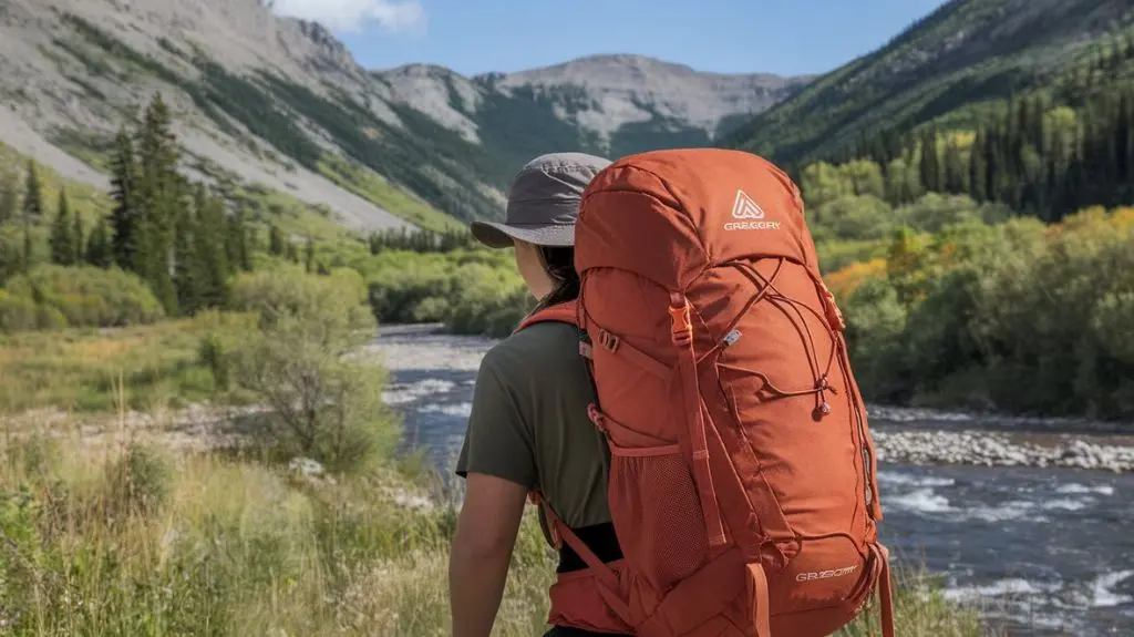 Hiker wearing a Gregory backpack in a picturesque landscape, illustrating the introduction to Gregory backpacks.