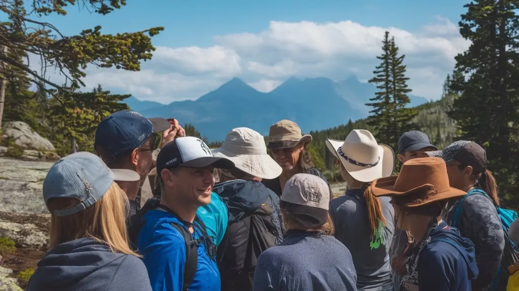 A group of hikers wearing different styles of hiking hats against a mountain backdrop, highlighting the importance of head protection in outdoor adventures.