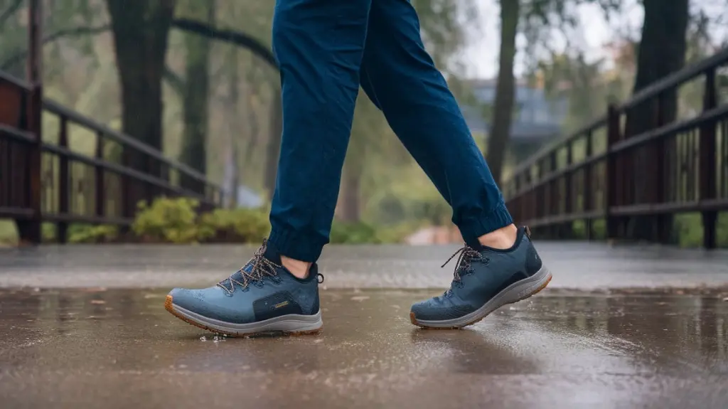 Man walking in the rain wearing waterproof shoes, illustrating the importance of waterproof footwear for dry feet.