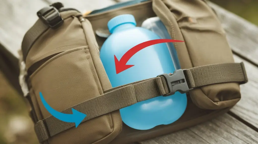 Close-up of a chest bag with bladder, highlighting adjustable straps and pockets.