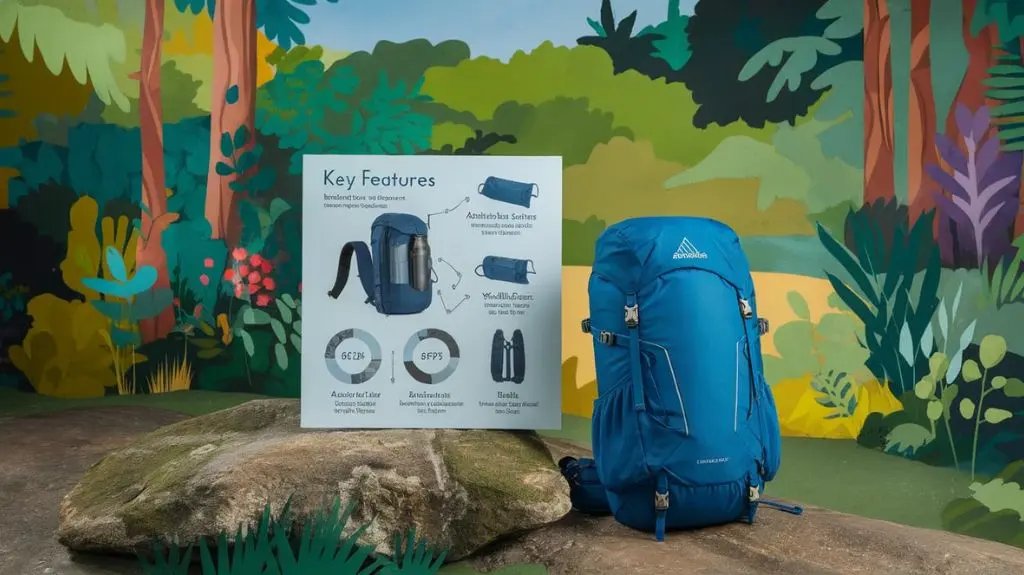 Infographic showcasing key features of Gregory backpacks, including adjustable straps and hydration reservoirs.