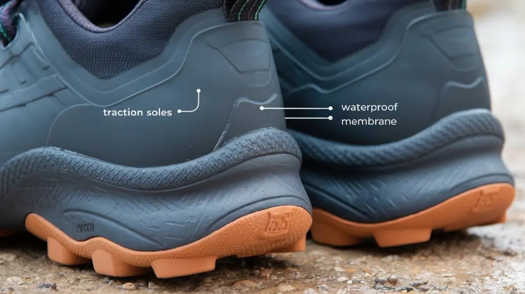 Close-up of waterproof shoes showcasing key features like traction soles and waterproof membranes.