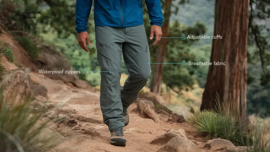 Image highlighting key features of weatherproof pants, including waterproof zippers and breathable fabric.