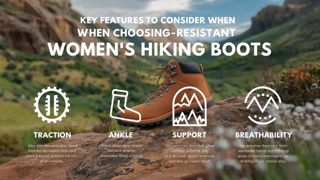 Infographic showcasing key features to look for in women's water-resistant hiking boots in an outdoor setting.