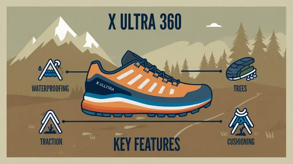 Infographic showcasing key features of X Ultra 360 Climasalomon Waterproof Hiking Shoes.