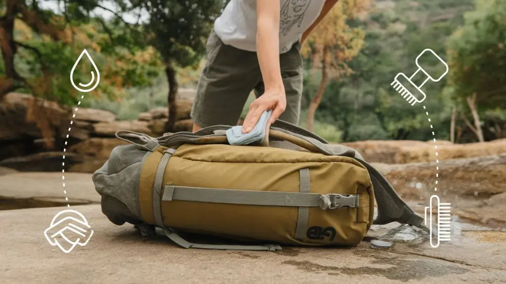 Person cleaning a Gregory backpack, illustrating maintenance tips for longevity and care.