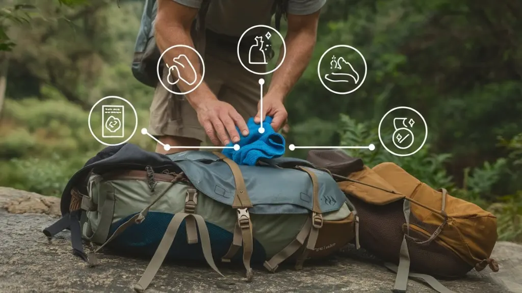 Person cleaning a hiking pack, illustrating maintenance tips for longevity and care.