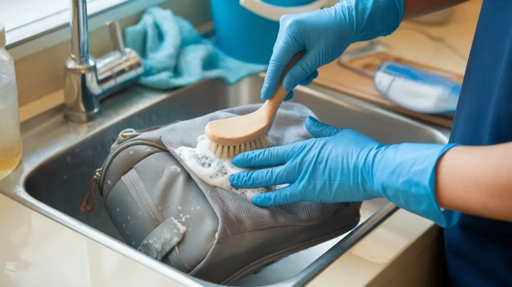 Person cleaning a chest bag with bladder, demonstrating maintenance tips.