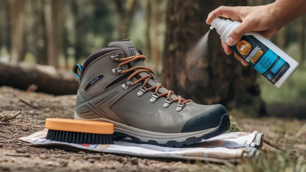 Demonstration of cleaning and maintaining water-resistant hiking boots to preserve their performance.