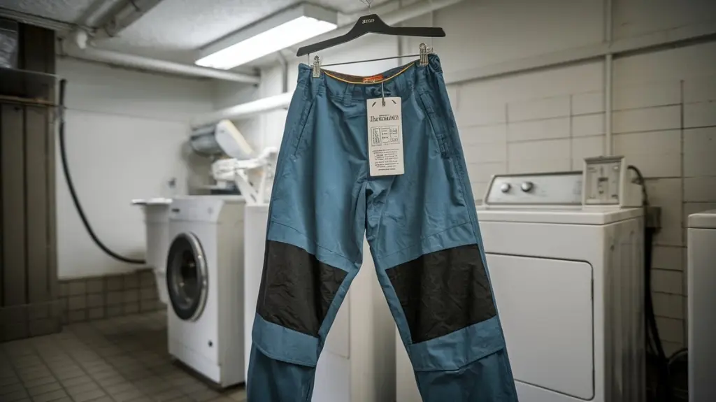 Demonstration of maintenance and care tips for weatherproof pants in a laundry setting.