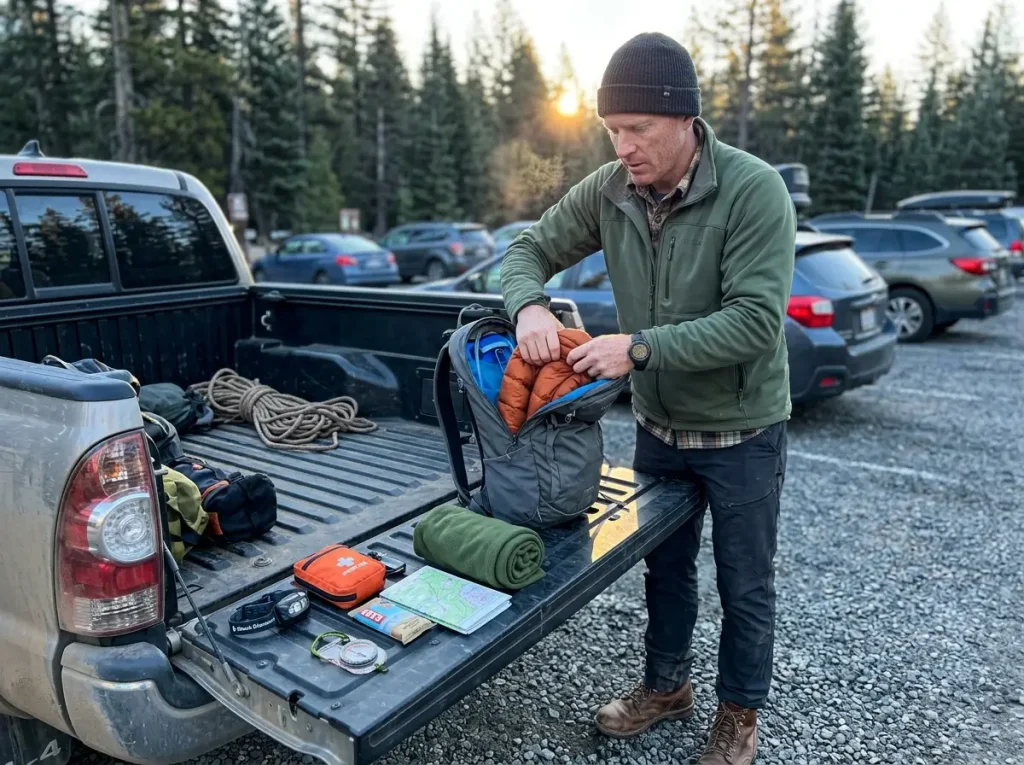 Hiker packing layers and the ten essentials into a hydration daypack at a trailhead
