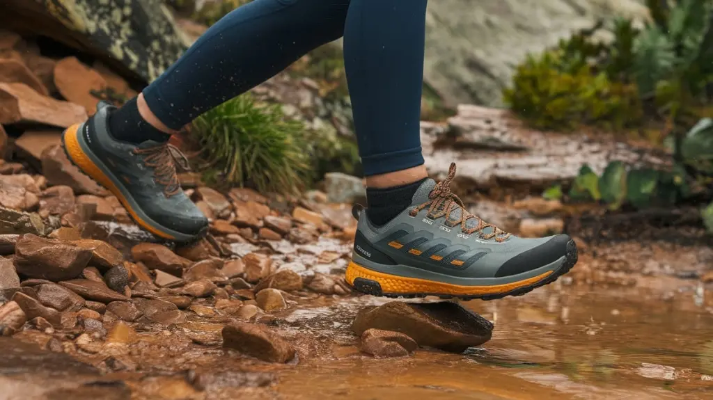 Hiker wearing X Ultra 360 Climasalomon shoes navigating various terrains, showcasing performance.