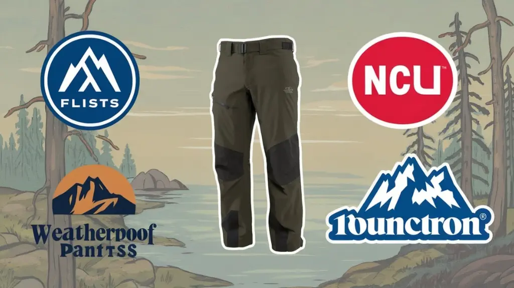 Collage of popular brands offering weatherproof pants, showcasing logos and products.