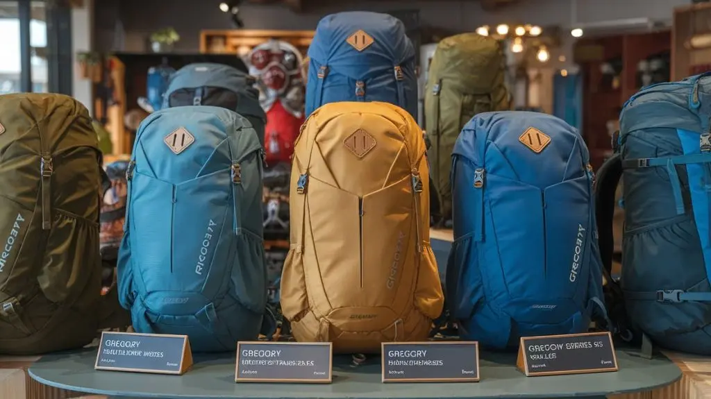 Display of popular Gregory backpack series in an outdoor gear shop, highlighting options for various activities.