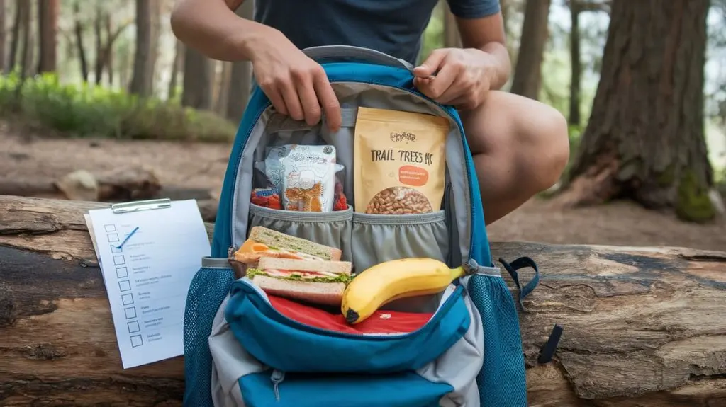 Person packing a hiking backpack with allergen-friendly foods and a checklist in an outdoor setting.