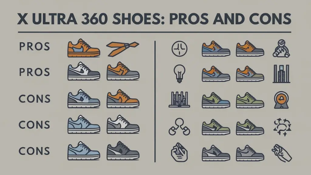 Infographic listing pros and cons of X Ultra 360 Climasalomon Waterproof Hiking Shoes.