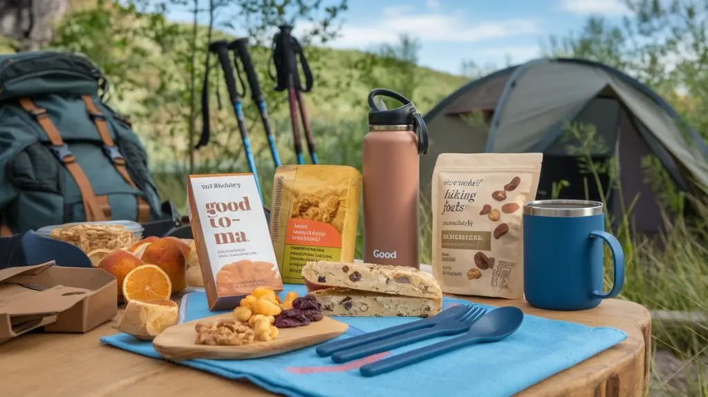 Selection of allergen-friendly hiking foods, including Good To-Go products, displayed on a hiking table.