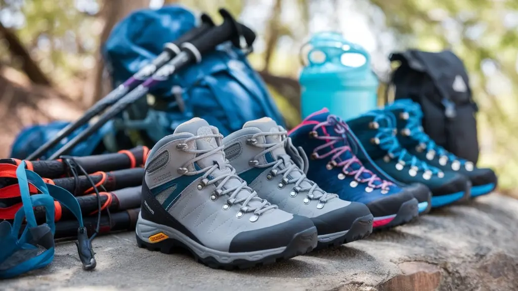 Display of recommended women's water-resistant hiking boots with outdoor gear in the background.