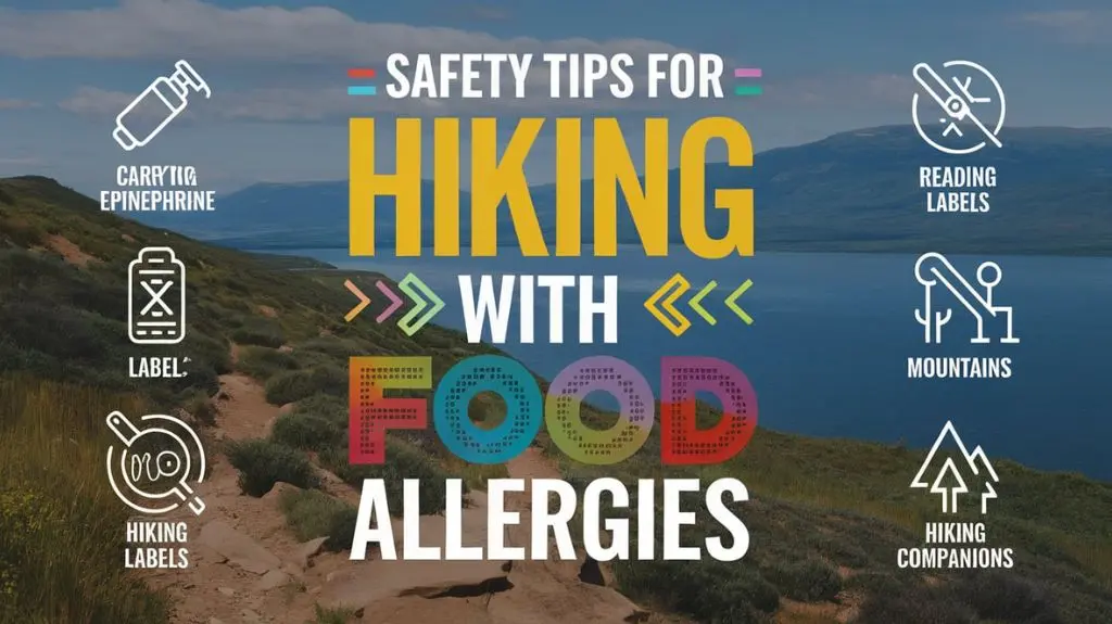 Infographic featuring safety tips for hiking with food allergies, including carrying epinephrine and reading labels.