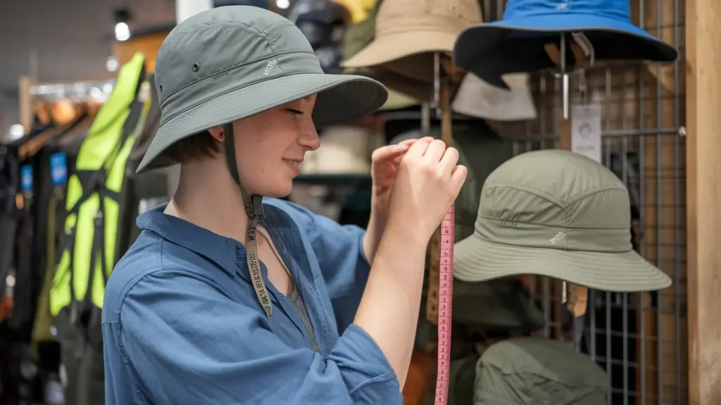 A person trying on various hiking hats in a store, emphasizing the importance of proper sizing and fit for comfort.